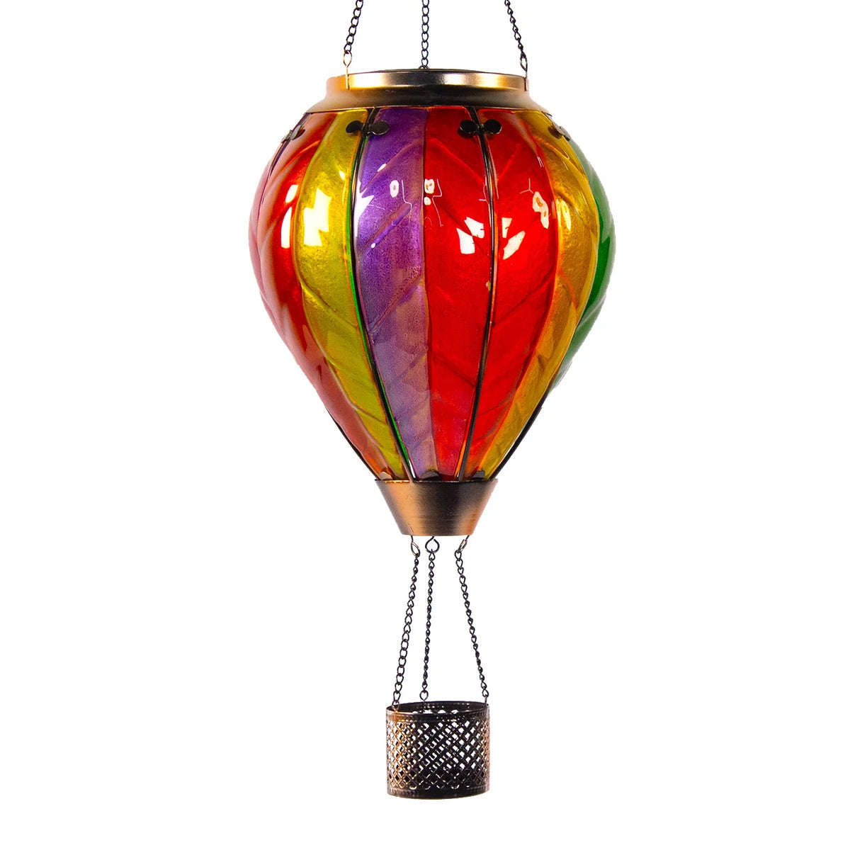 hanging rainbow solar garden lantern glowing under tree with LED light